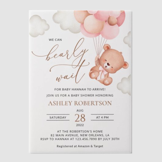 Baby Beer, teddybeer, roze ballonnen, Baby shower Vellum Uitnodigingen (Voorkant)