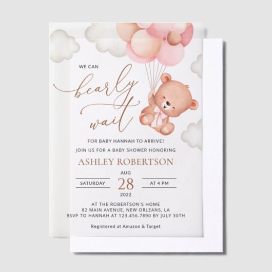 Baby Beer, teddybeer, roze ballonnen, Baby shower Vellum Uitnodigingen (Offset)