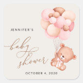 Baby Beer, teddybeer, roze ballonnen, Baby shower Vierkante Sticker (Voorkant)