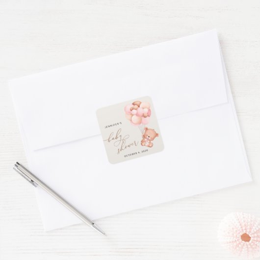 Baby Beer, teddybeer, roze ballonnen, Baby shower Vierkante Sticker (Envelop)