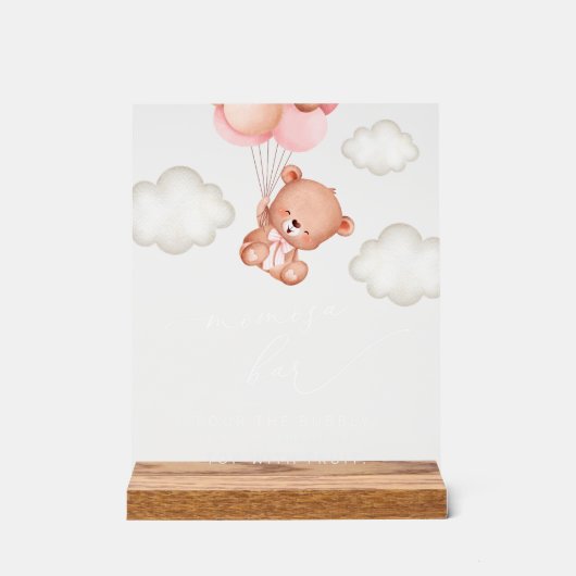 Baby Beer, teddybeer, roze ballonnen, Momosa Bar Acryl Bord (Voorkant)