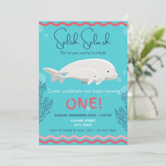 Baby Beluga 1e Verjaardag Uitnodiging (Staand voorkant)