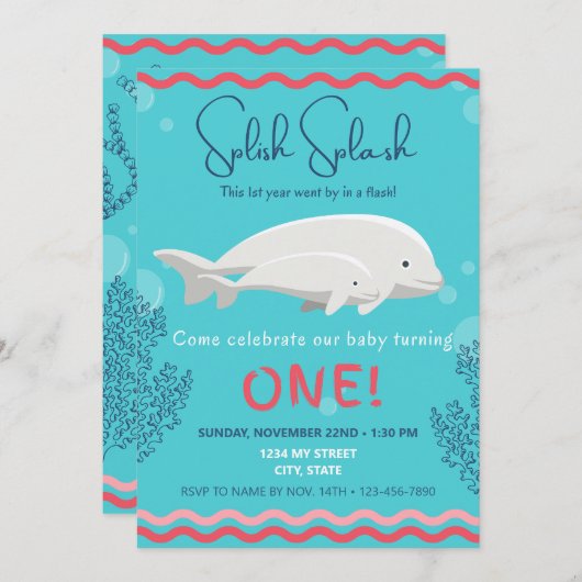 Baby Beluga 1e Verjaardag Uitnodiging (Voorkant / Achterkant)