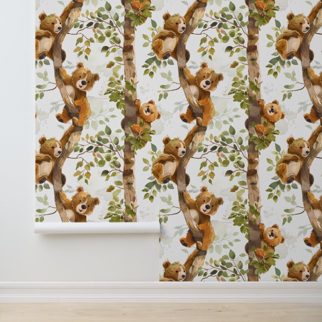 Baby Beren klimmen boombos Behang (Applicatie)