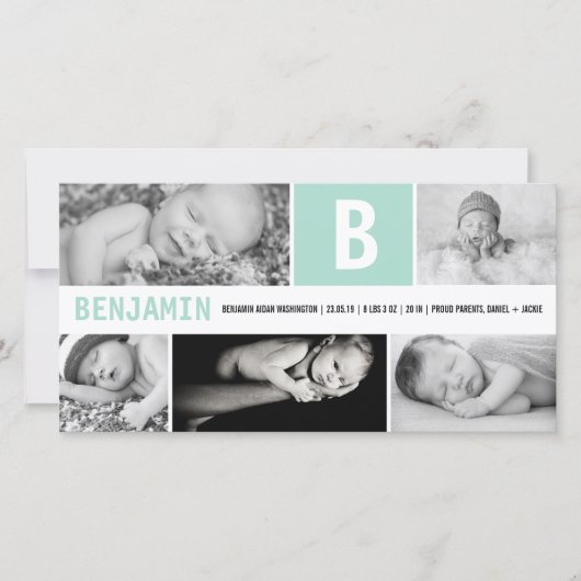 Baby Big Initial 5 Multi Foto Mint Groen Geboorte Aankondiging (Voorkant)
