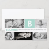 Baby Big Initial 5 Multi Foto Mint Groen Geboorte Aankondiging (Voorkant / Achterkant)