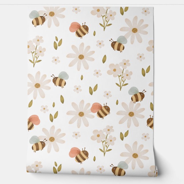 Baby Bijen en Bloemen Wallpaper Behang (Afrollen)