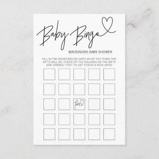 Baby Bingo Baby shower Game Card Black en White Informatiekaartje (Voorkant)