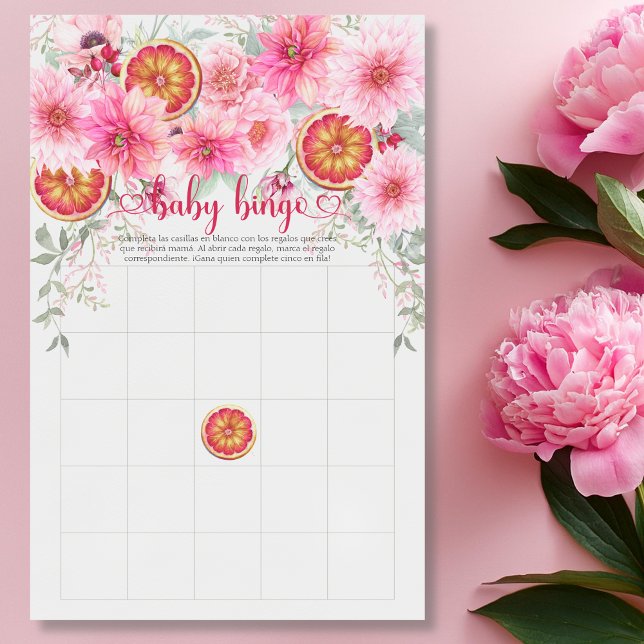Baby Bingo Citrus Roze Spaans Baby shower spel (Spanish Baby bingo citrus and pink watercolor flowers baby shower game)