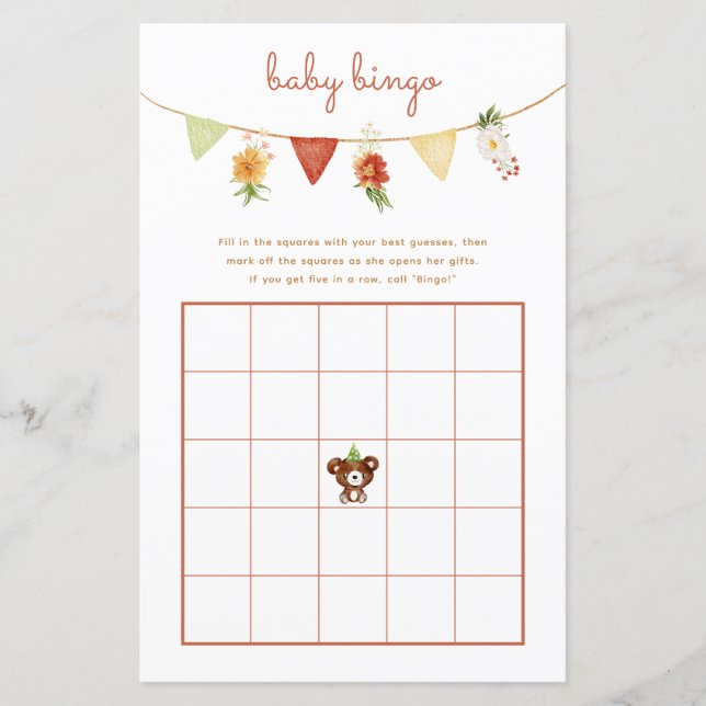 Baby Bingo Game Woodland Beer Herfst Baby shower (Voorkant)
