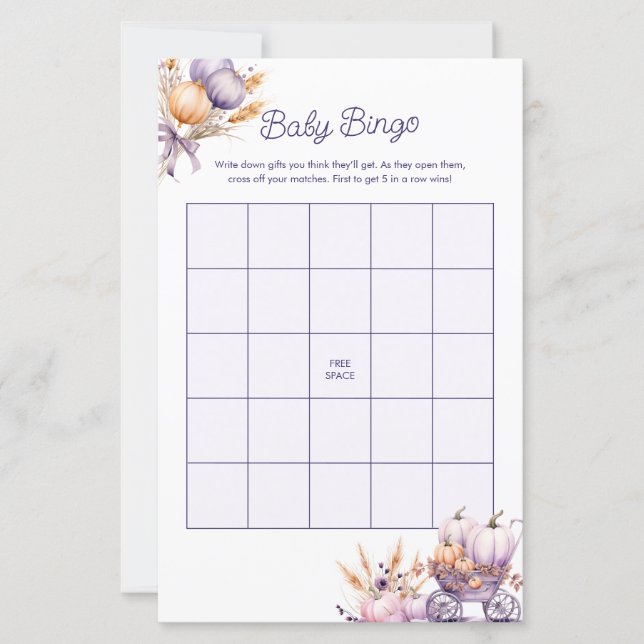 Baby Bingo Herfst Paarse Pompoen Baby shower Spel (Voorkant)