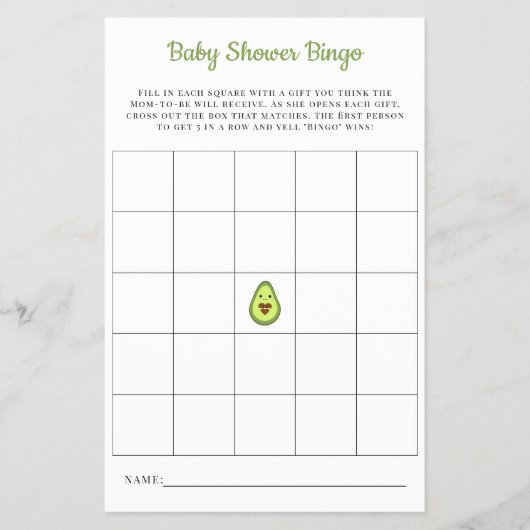 Baby Bingo Kaart Kawaii Avocado Baby shower Game (Voorkant)