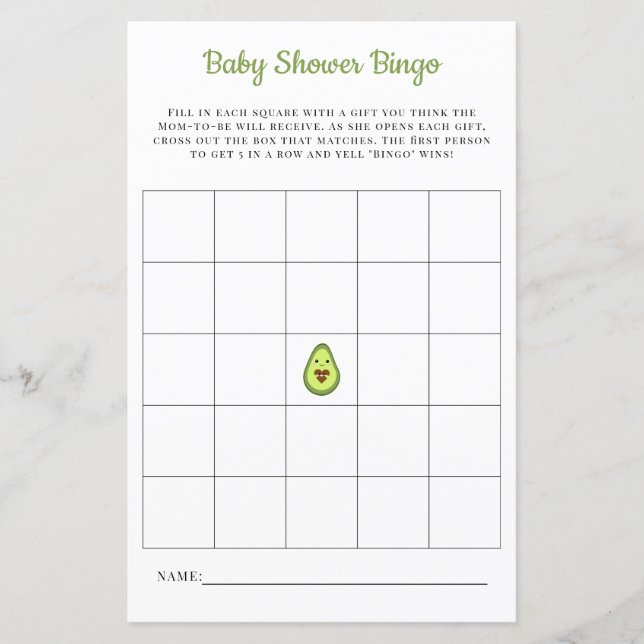 Baby Bingo Kaart Kawaii Avocado Baby shower Game (Voorkant)
