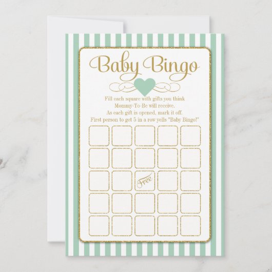 Baby Bingo Mint Green Gold Baby shower Game Kaarte Kaart (Voorkant)