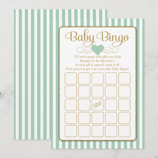 Baby Bingo Mint Green Gold Baby shower Game Kaarte Kaart (Voorkant / Achterkant)