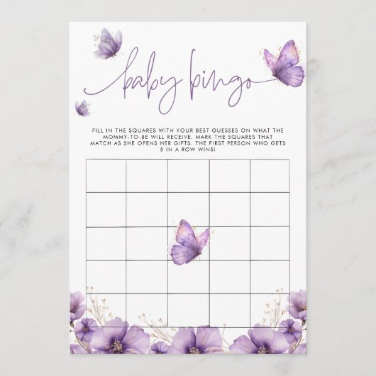 Baby Bingo Paarse vlinder Baby shower Game Kaart (Voorkant)