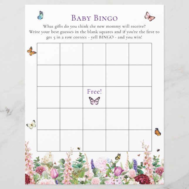 Baby Bingo | Roze Paarse Floral en Butterflies Gam (Voorkant)