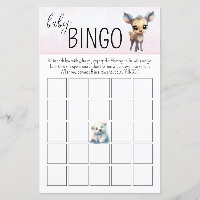 Baby Bingo Roze Winter Meisje Baby shower Game (Voorkant)