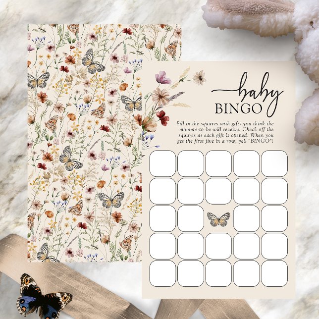 Baby Bingo spel (Boho Wildflower Baby Bingo Game Card with Butterfly by Painted Paperie
)