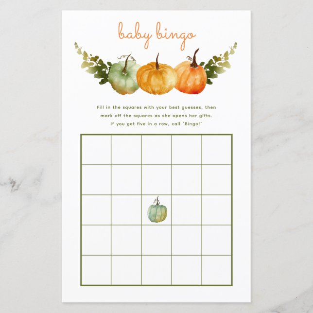 Baby Bingo Spel November Pompoen Herfst Baby showe (Voorkant)
