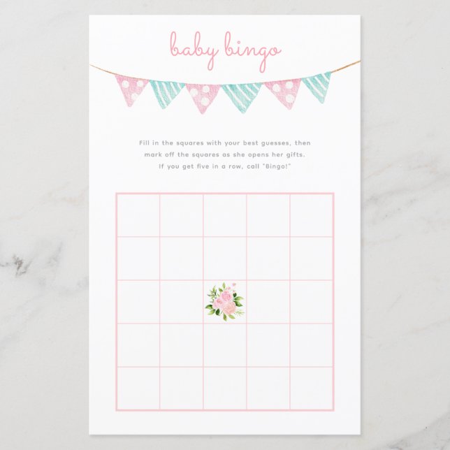 Baby Bingo spel - Pink Flowers Party Baby shower (Voorkant)