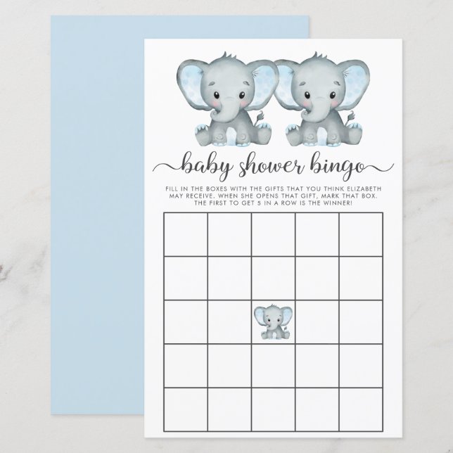 Baby Bingo Tweeling Jongens Olifant Shower Spel (Voorkant / Achterkant)