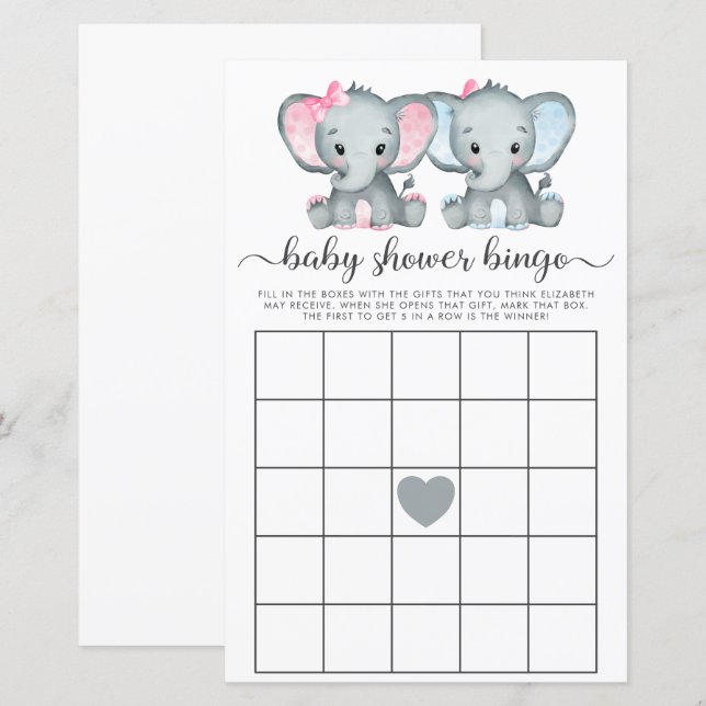 Baby Bingo Twin Meisje Jongen Olifant Douche Spel (Voorkant / Achterkant)
