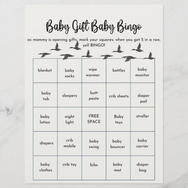 Baby Bingo voor Duck thema baby shower (Voorkant)