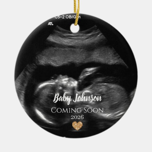 Baby Binnenkort verkrijgbaar Ultrasound Gold Heart Keramisch Ornament (Voorkant)