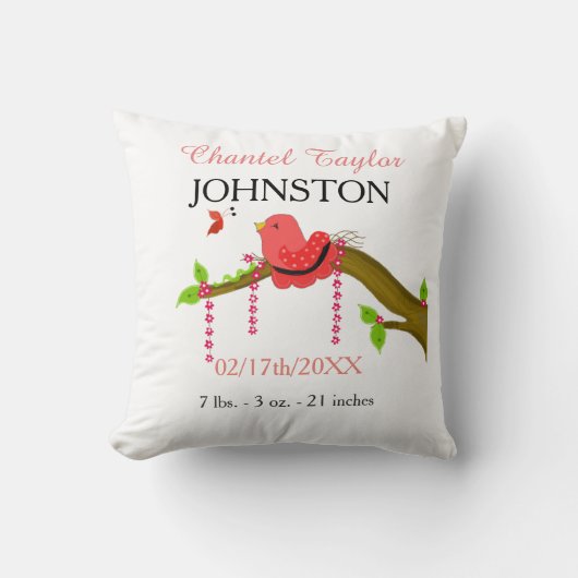 Baby Bird Baby Birth kondiging Kussen (Voorkant)