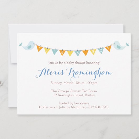 Baby Bird Bunting Baby shower Invitation Kaart (Voorkant)