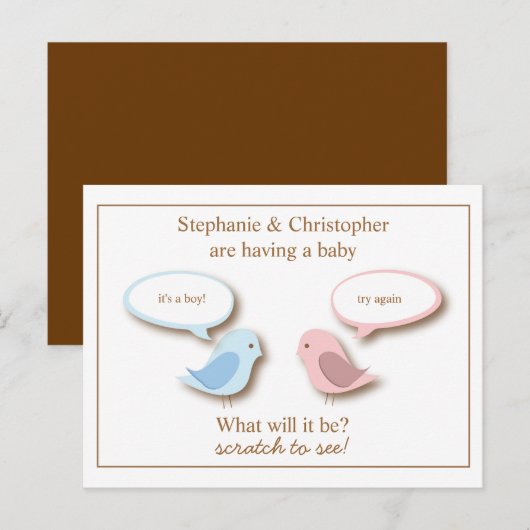 Baby Bird Geslacht Onthullen Pretend Scratcher Gam Aankondigingskaart (Voorkant / Achterkant)