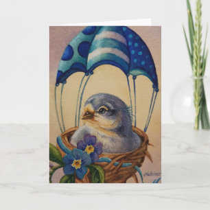Baby Bird Jong Blauwe Parachute Aquarel Kunst Kaart