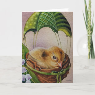Baby Bird Jong Groen Parachute Aquarel Kunst Kaart
