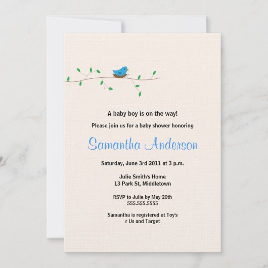 Baby Bird Nest Baby shower Invitation-Boy Kaart (Voorkant)