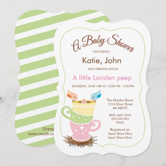 Baby Bird | Uitnodiging tot Baby shower van Girl (Voorkant / Achterkant)