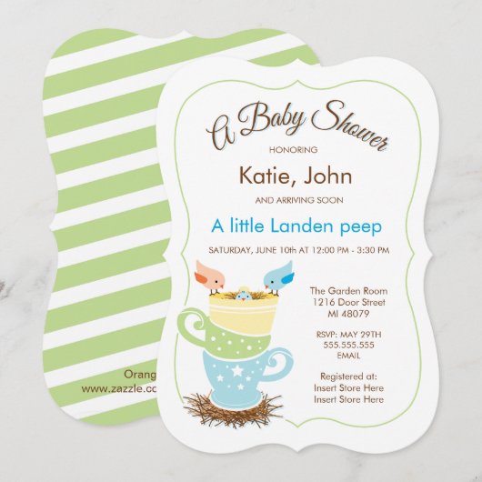 Baby Bird | Uitnodiging tot Baby shower van jongen (Voorkant / Achterkant)