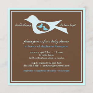 Baby Birdie Twin Boys Blue Baby shower Invitation Kaart