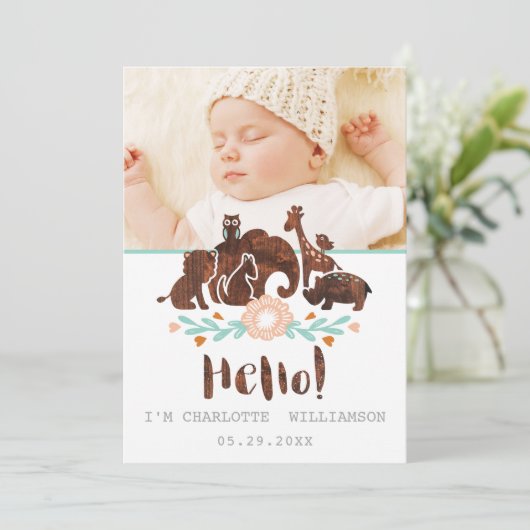 Baby Birth Announcement Kaart - Woodland Safari (Staand voorkant)