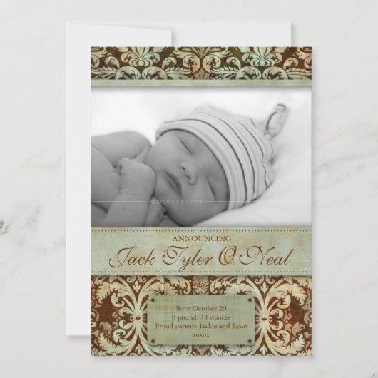 Baby Birth Announement Brown Green Aankondiging (Voorkant)