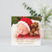 Baby Birth Hallo World Gold Script met foto's Feestdagenkaart (Staand voorkant)