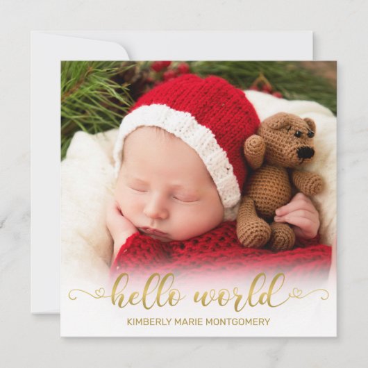 Baby Birth Hallo World Gold Script met foto's Feestdagenkaart (Voorkant)