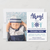Baby Birth Nautical Ahoy Striped it is A Boy Photo Aankondiging (Voorkant)