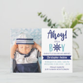 Baby Birth Nautical Ahoy Striped it is A Boy Photo Aankondiging (Staand voorkant)
