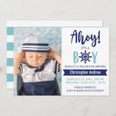 Baby Birth Nautical Ahoy Striped it is A Boy Photo Aankondiging (Voorkant / Achterkant)