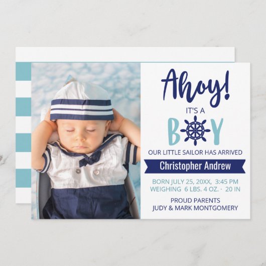 Baby Birth Nautical Ahoy Striped it is A Boy Photo Aankondiging (Voorkant / Achterkant)
