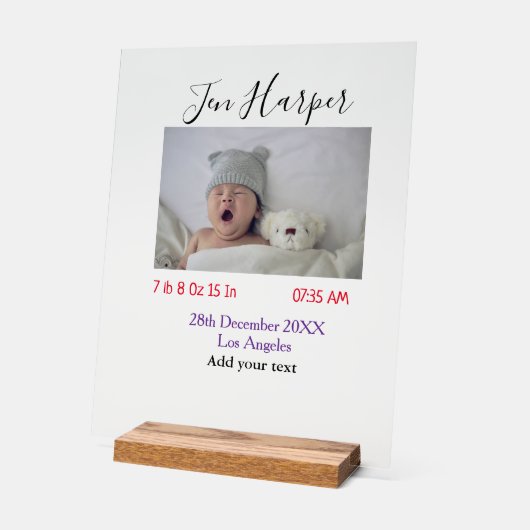 Baby birth stats add name place date keepsake memo acryl bord (Hoek)