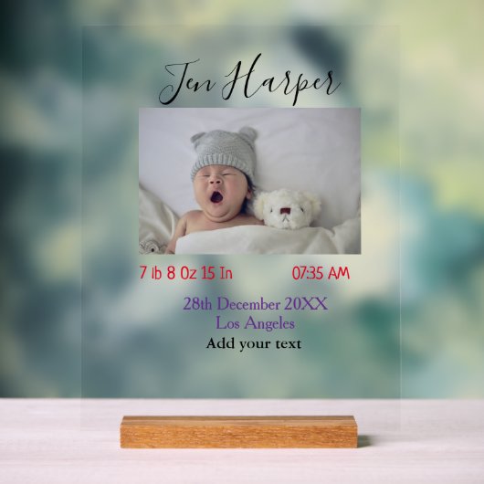 Baby birth stats add name place date keepsake memo acryl bord (Neutraal)