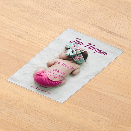 Baby birth stats add name place date keepsake memo acryl uitnodigingen (Laagn)