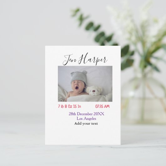 Baby birth stats add name place date keepsake memo briefkaart (Staand voorkant)